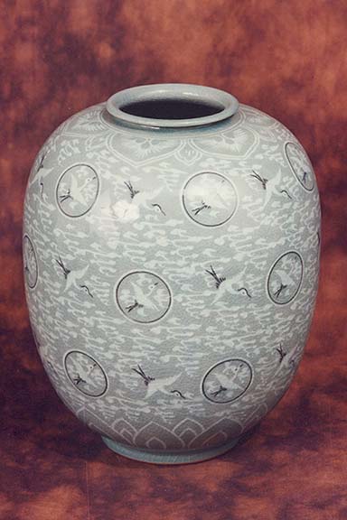 Tall Crane & Cloud Celadon Jar