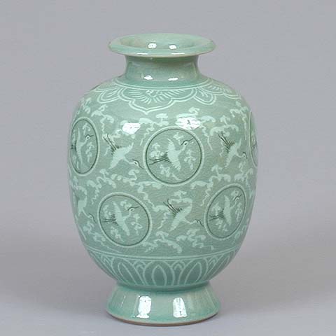 Oval Crane & Cloud Celadon Jar (style 2)