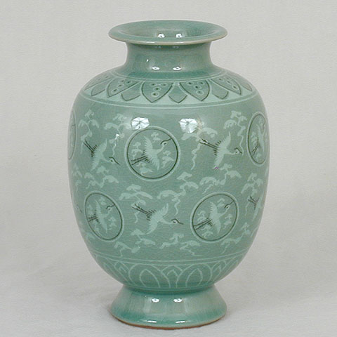 Oval Crane & Cloud Celadon Jar (Style 1)