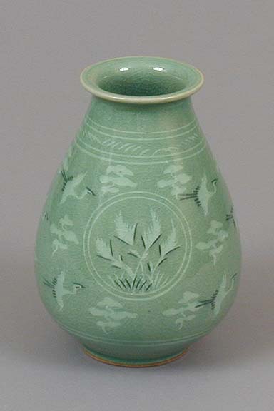 Bulrush Flying Cranes and Clouds Teardrop Vase