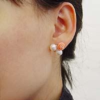 Floral Coral Earrings - modelled