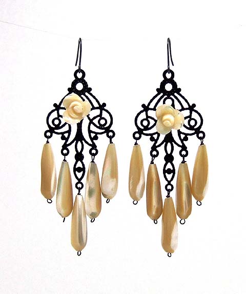 Black Chandelier Mother of Pearl Earrings