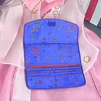 Floral Silk Handbag and Billfold (royal-blue) - open