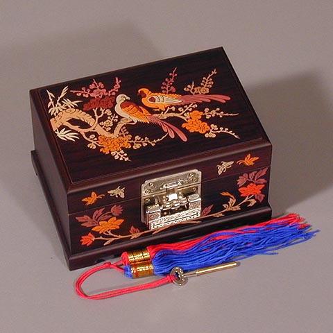 Inlaid Sparrows Wood Jewelry Box