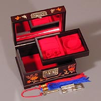 Inlaid Sparrows Wood Jewelry Box - Open