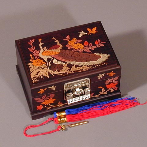 Inlaid Peacocks Wood Jewelry Box