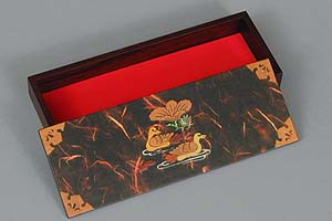 Dark Red Two Ducks Lacquered Box - open