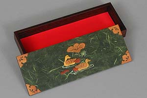 Dark Green Two Ducks Lacquered Box - open