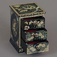 Three Drawer Blue Cranes Rice-paper Jewelry Box - open
