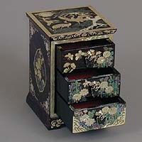 Three Drawer Purple Cranes Rice-paper Jewelry Box - open