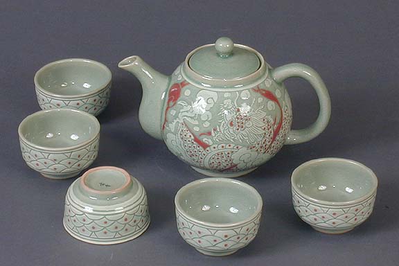 Tall Red Dragon Teapot Set